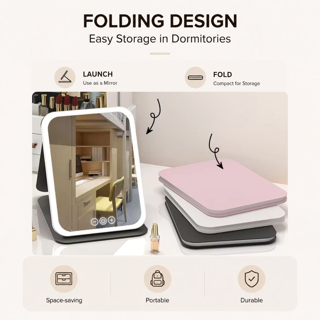 LED Foldable Makeup Mirror - 3 Colour Dimmable Modes Rechargeable