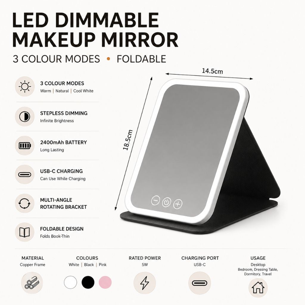 LED Foldable Makeup Mirror - 3 Colour Dimmable Modes Rechargeable