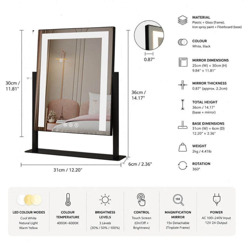 Lighted Vanity Makeup Mirror 3 Colour LED Touch Control 15x Magnifying