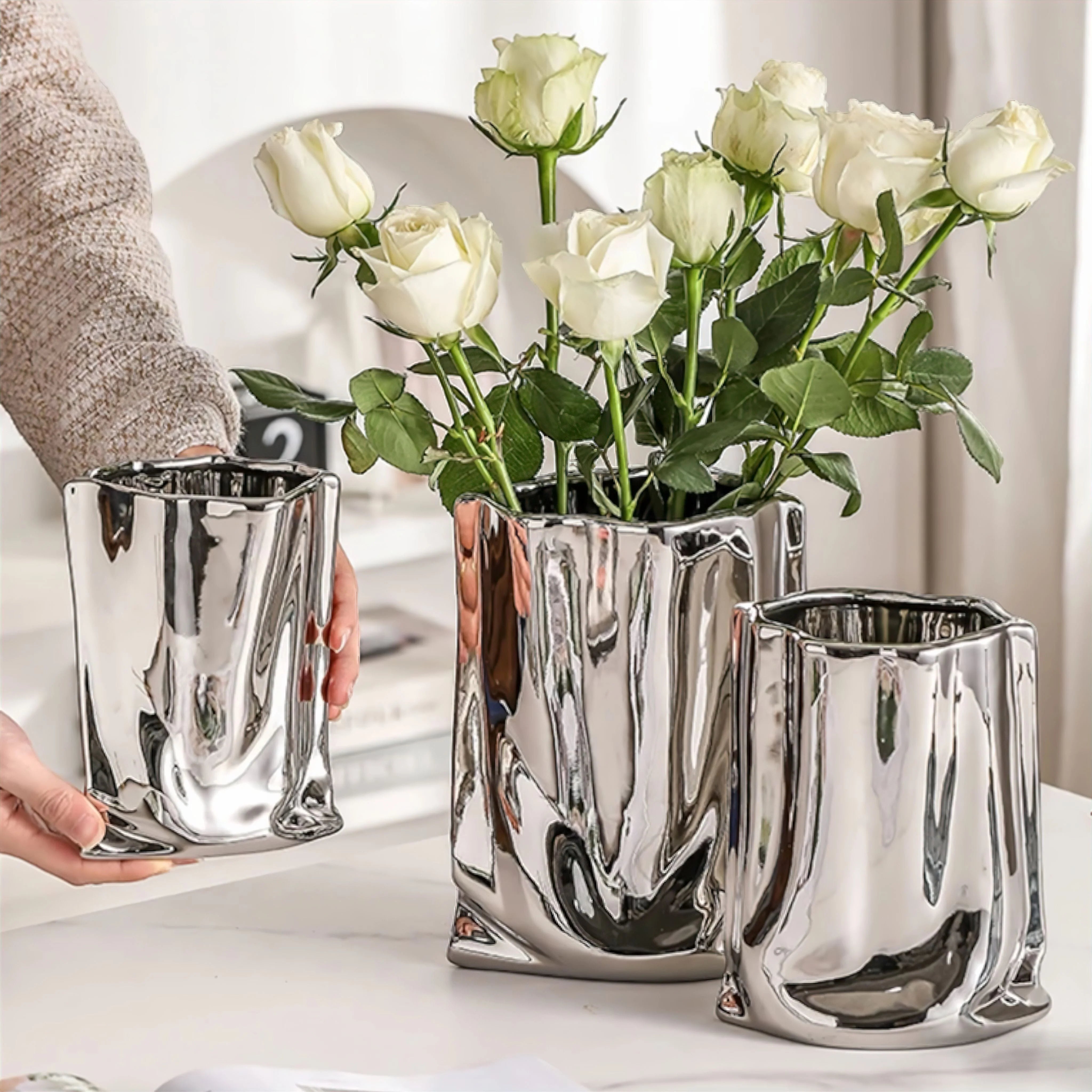 Liquid Silver Vase with Metallic Finish