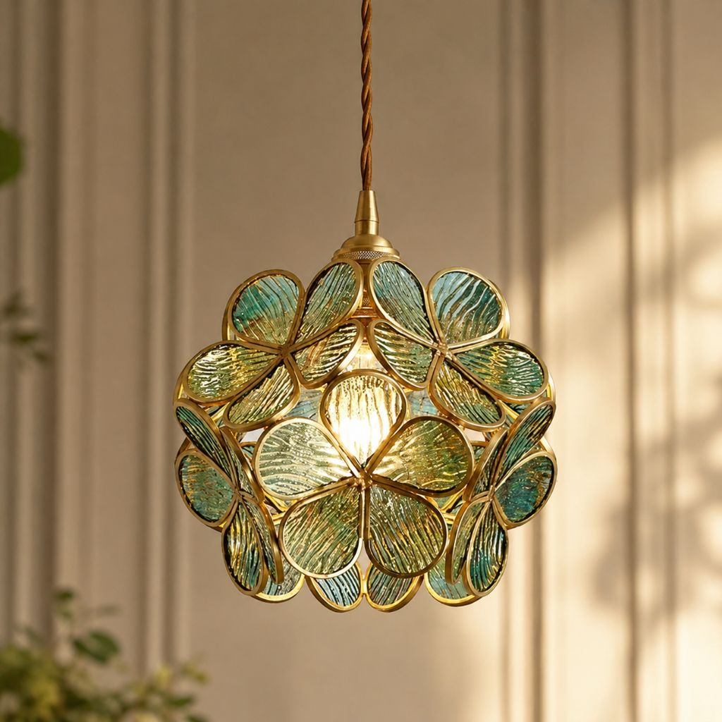 LotusGlow Vintage Brass & Glass Flower Pendant Light
