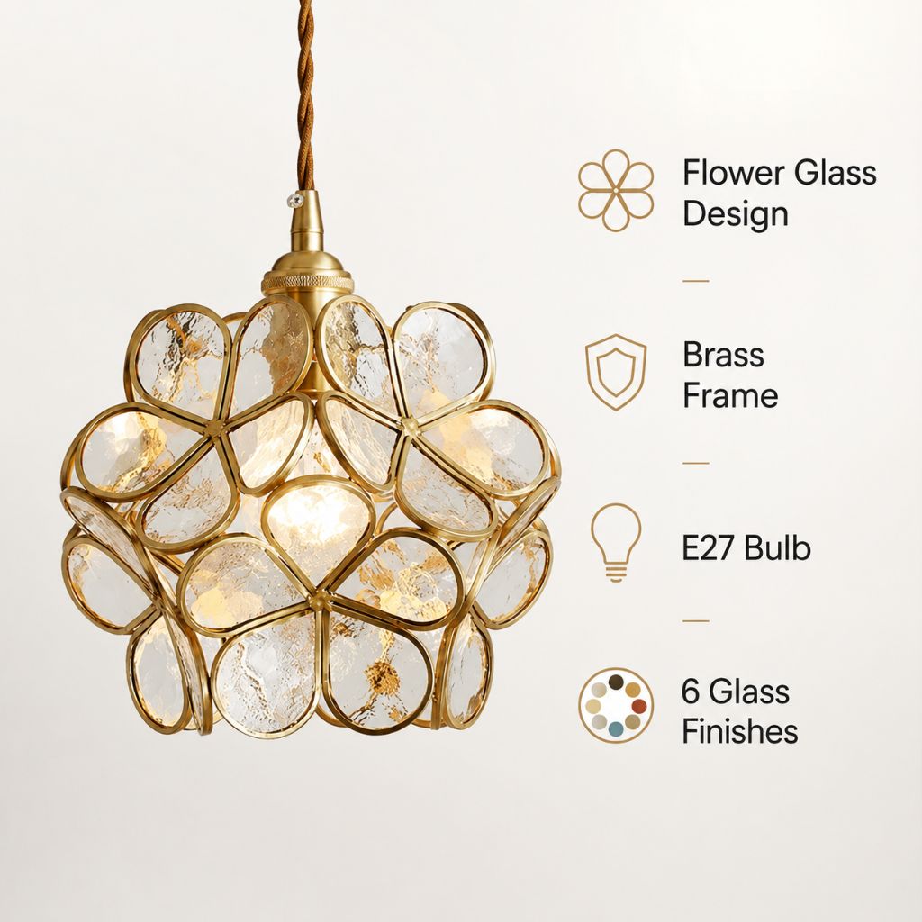 LotusGlow Vintage Brass & Glass Flower Pendant Light