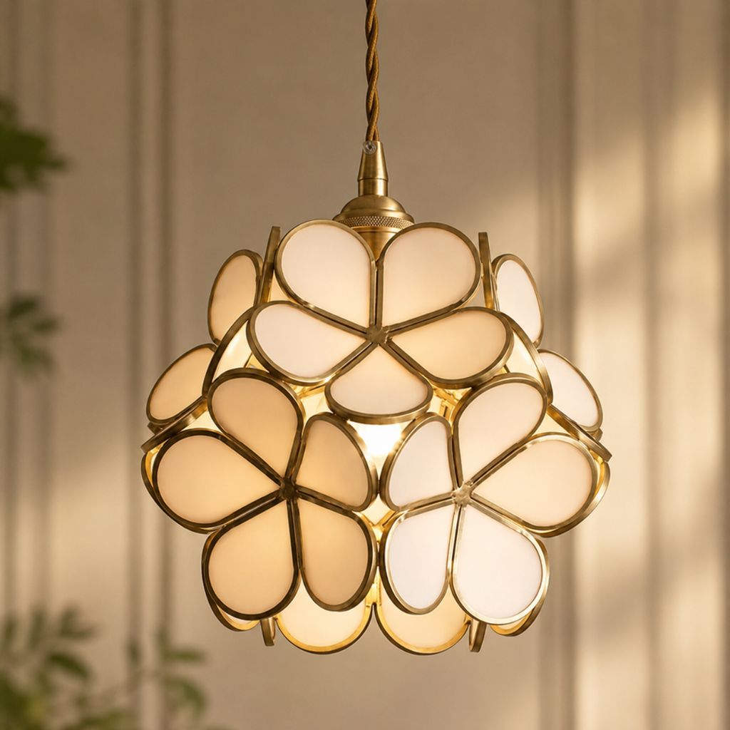 LotusGlow Vintage Brass & Glass Flower Pendant Light
