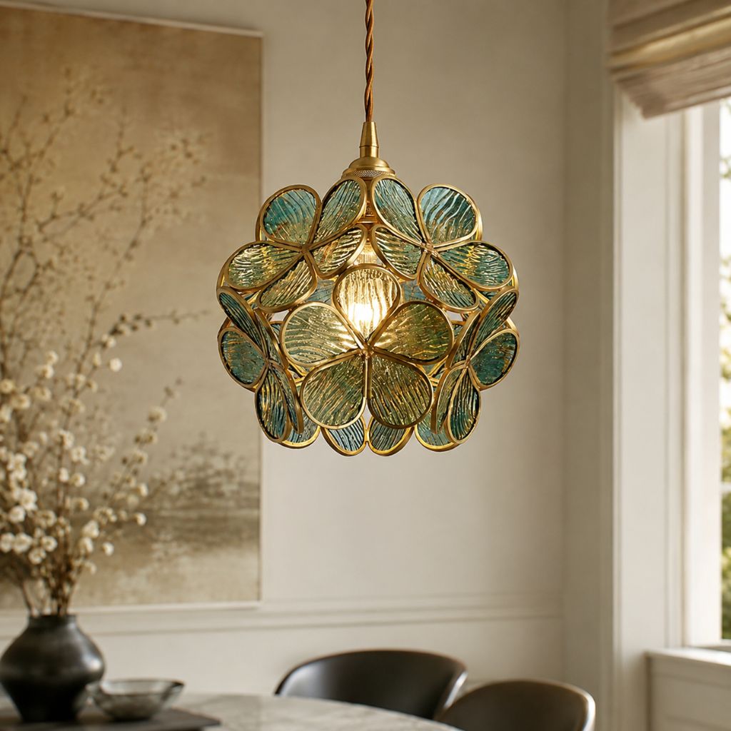 LotusGlow Vintage Brass & Glass Flower Pendant Light