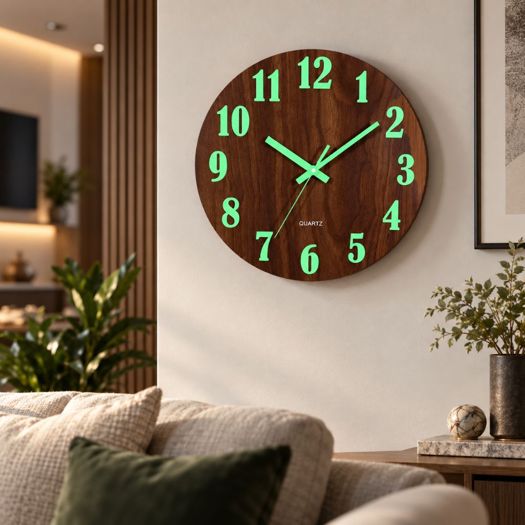 Luminous Wood-Grain Quartz Wall Clock