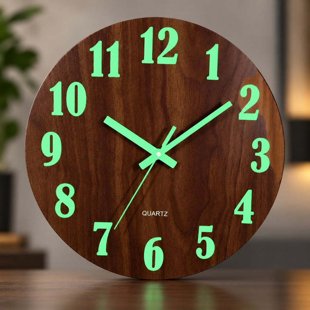 Luminous Wood-Grain Quartz Wall Clock