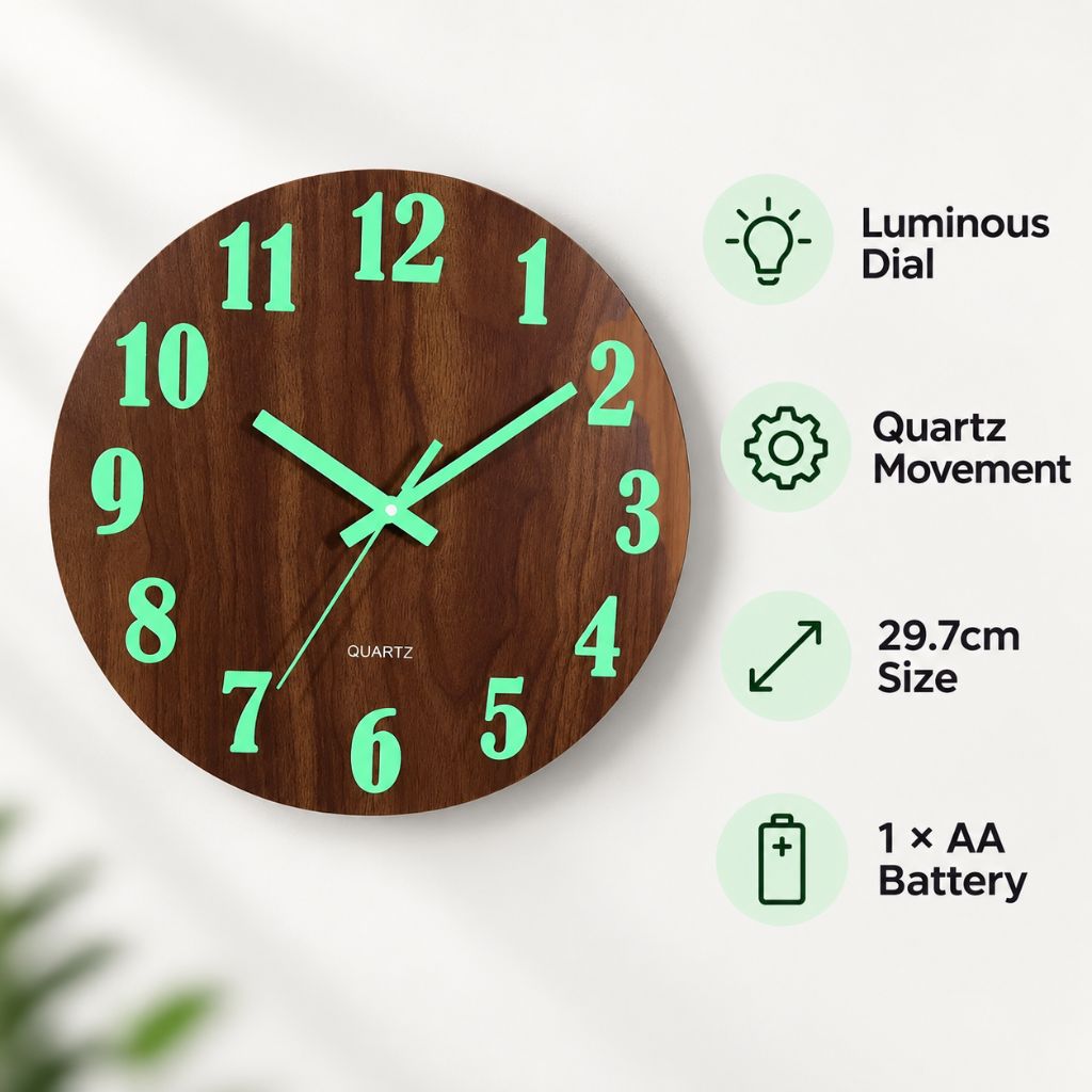 Luminous Wood-Grain Quartz Wall Clock