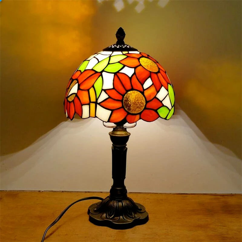 Stained Glass Table Lamp with Ornate Metal Base