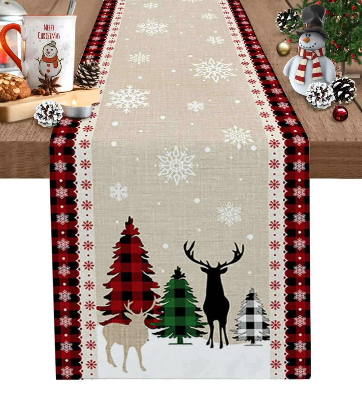 Christmas table runner, holiday table decor, festive linen runner, Christmas tree print, reusable holiday decor, Christmas dining decor, linen table runner, holiday gathering essentials, New Year's table runner, elegant holiday decor