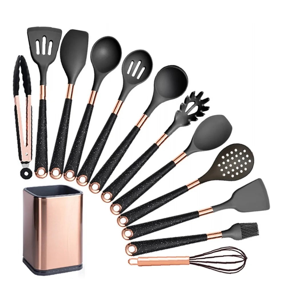 silicone kitchen utensils, heat-resistant cookware, BPA-free silicone, rose gold handles, non-stick cooking tools, professional chef utensils, easy clean kitchen set, versatile cooking set, stylish kitchen accessories, durable kitchen gadgets