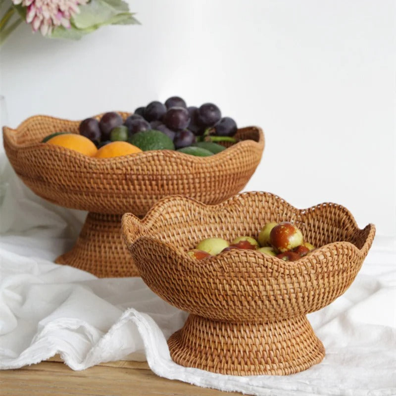 rattan fruit basket, handwoven storage bowl, eco-friendly kitchen decor, natural rattan bowl, rustic countertop organizer, versatile storage basket, decorative rattan bowl, lightweight kitchen storage, artisanal fruit basket, durable kitchen organizer