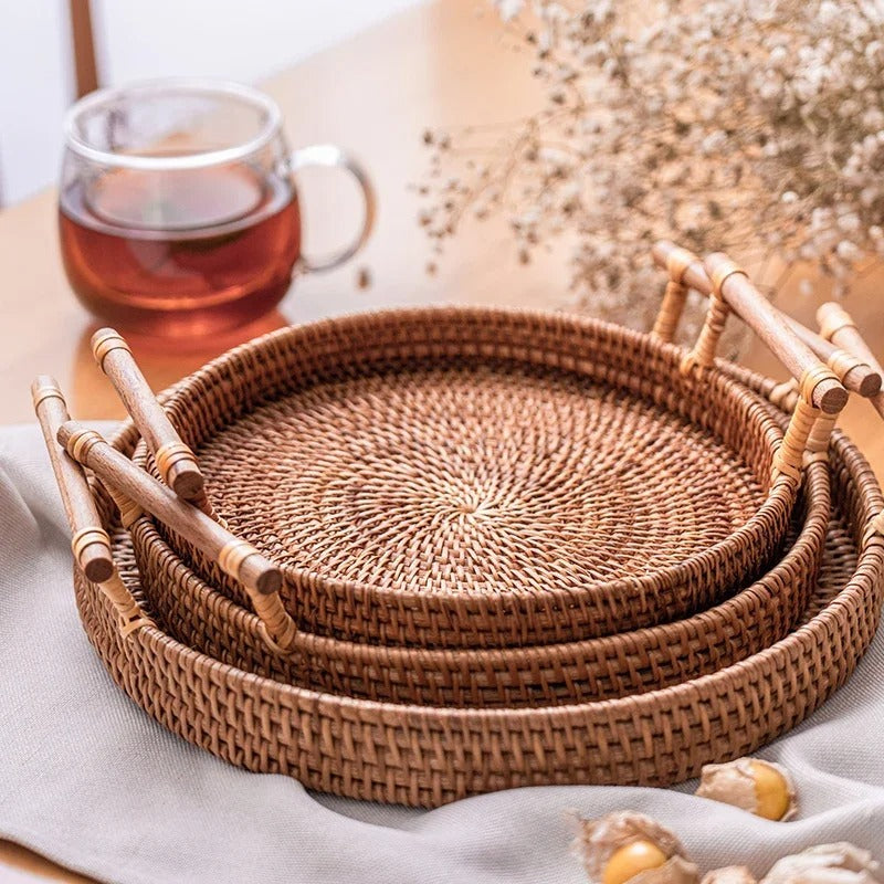 handwoven rattan tray, wooden handle tray, rustic serving tray, eco-friendly decor, kitchen storage tray, dining table decor, natural serving tray, Japanese-inspired design, versatile home decor, lightweight tray