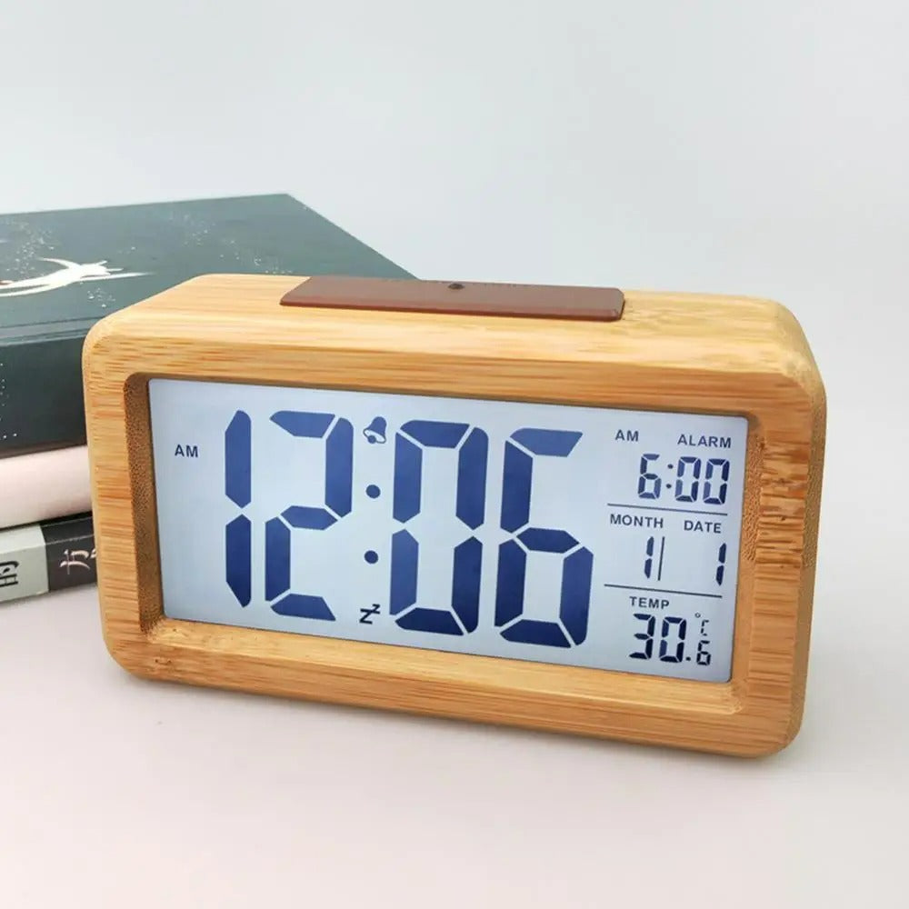 Digital Alarm Clock with Wooden Design & Multi-Function Display