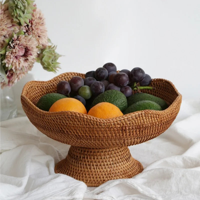 rattan fruit basket, handwoven storage bowl, eco-friendly kitchen decor, natural rattan bowl, rustic countertop organizer, versatile storage basket, decorative rattan bowl, lightweight kitchen storage, artisanal fruit basket, durable kitchen organizer