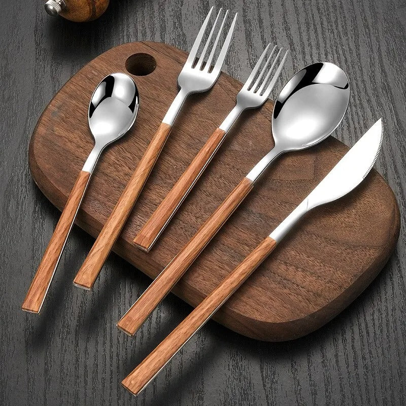 stainless steel cutlery, modern kitchenware, corrosion-resistant silverware, wood handle cutlery, dinnerware set, cutlery for six, hand wash utensils, gift idea kitchen, table setting accessories, elegant dining set