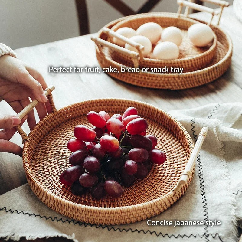 handwoven rattan tray, wooden handle tray, rustic serving tray, eco-friendly decor, kitchen storage tray, dining table decor, natural serving tray, Japanese-inspired design, versatile home decor, lightweight tray