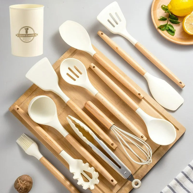 Non-Toxic BPA Free Silicone Cooking Utensil Set with Wooden Handles Lattea