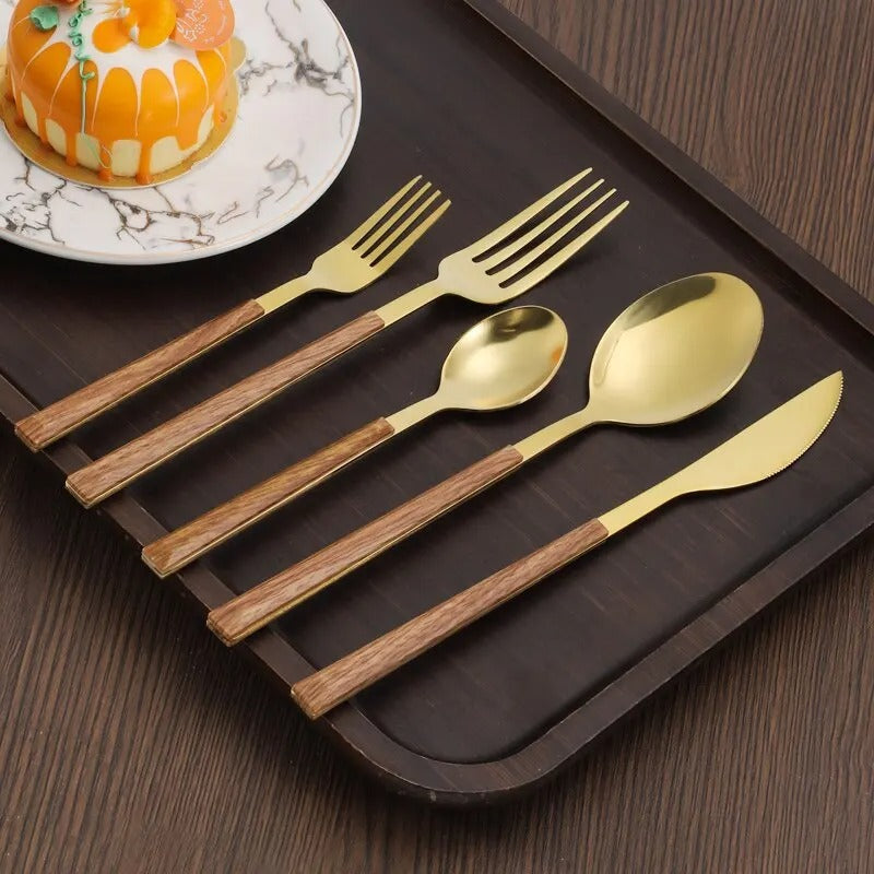 stainless steel cutlery, modern kitchenware, corrosion-resistant silverware, wood handle cutlery, dinnerware set, cutlery for six, hand wash utensils, gift idea kitchen, table setting accessories, elegant dining set