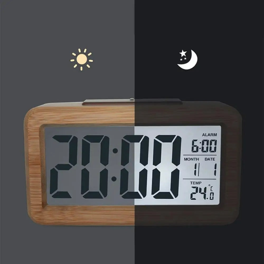 Digital Alarm Clock with Wooden Design & Multi-Function Display