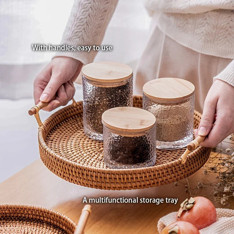 handwoven rattan tray, wooden handle tray, rustic serving tray, eco-friendly decor, kitchen storage tray, dining table decor, natural serving tray, Japanese-inspired design, versatile home decor, lightweight tray