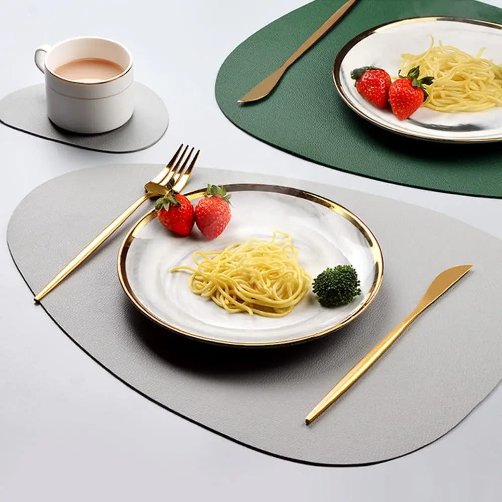 dual-sided placemats, eco-friendly leather placemats, waterproof placemats, heat resistant table mats, modern dining accessories, easy to clean placemats, stylish table decor, non-slip placemats, foldable dining mats, versatile kitchen placemats