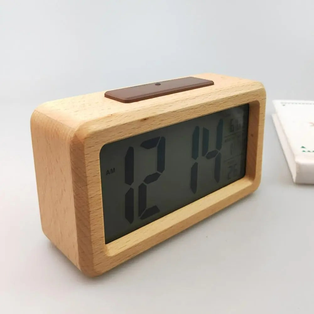 Digital Alarm Clock with Wooden Design & Multi-Function Display