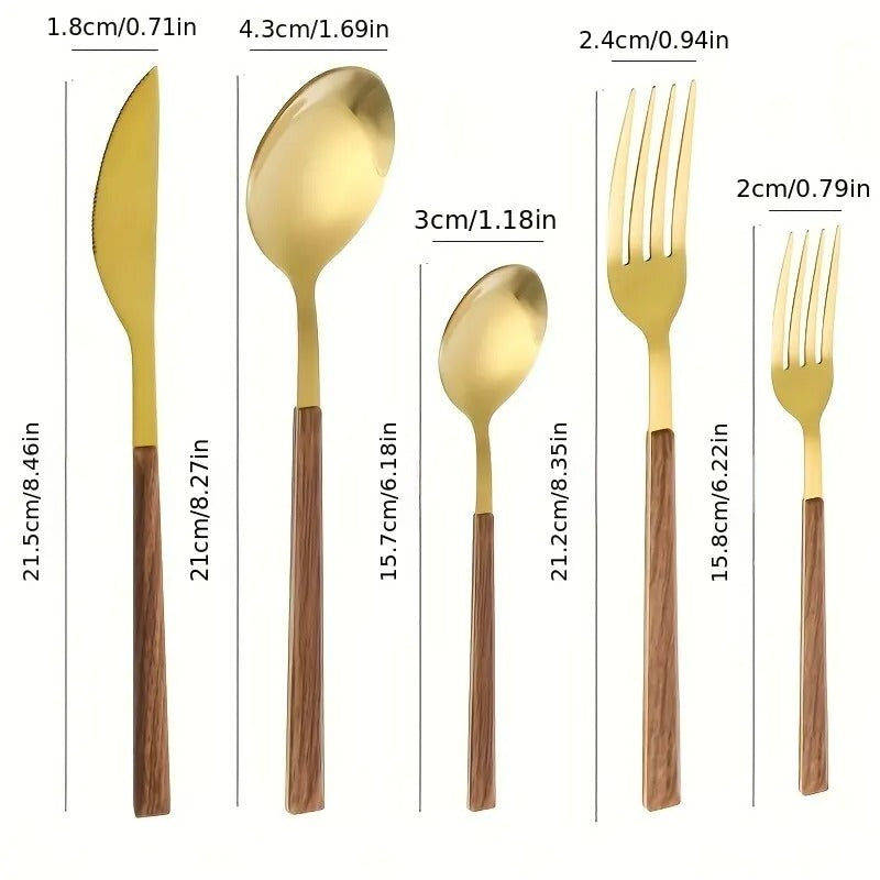 stainless steel cutlery, modern kitchenware, corrosion-resistant silverware, wood handle cutlery, dinnerware set, cutlery for six, hand wash utensils, gift idea kitchen, table setting accessories, elegant dining set