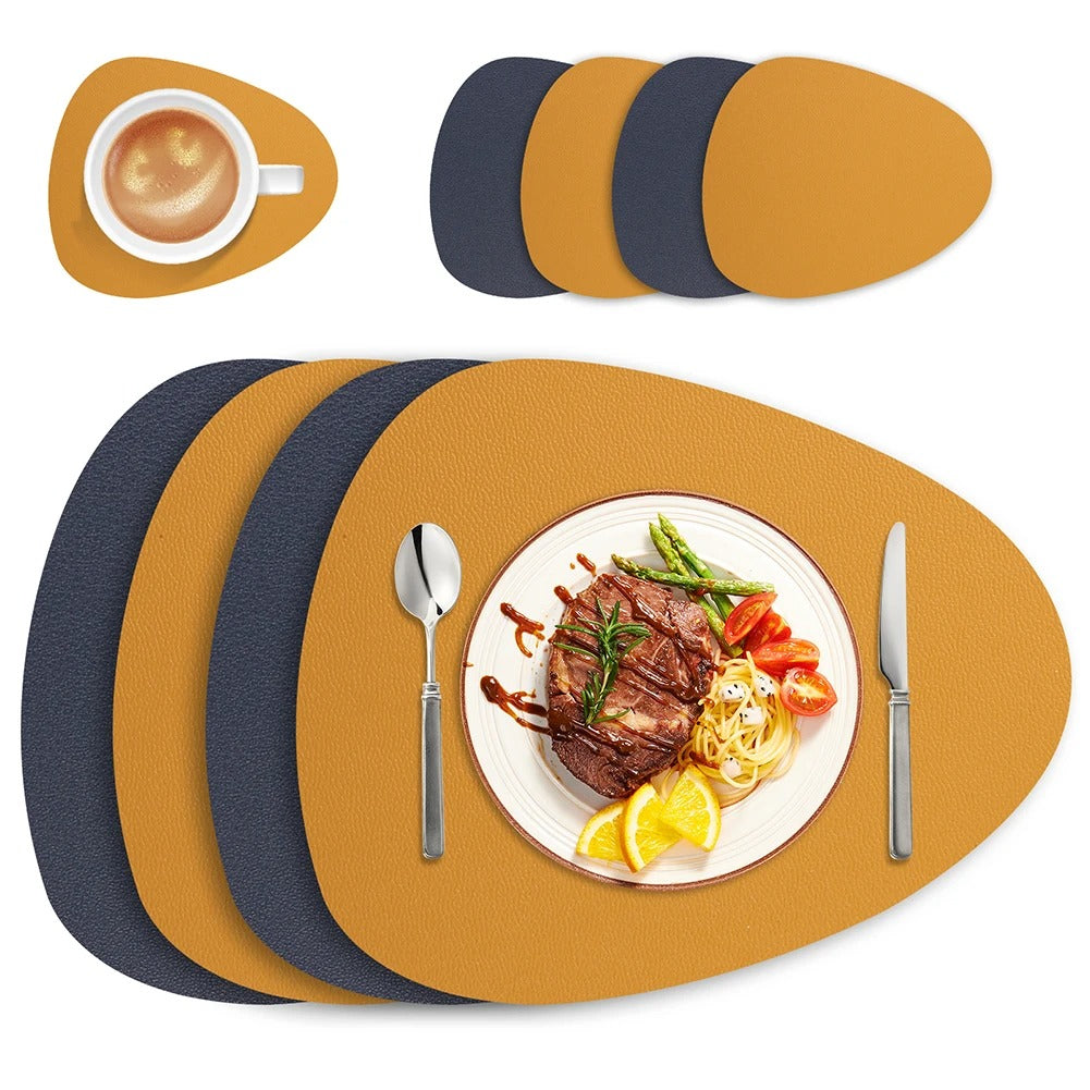 dual-sided placemats, eco-friendly leather placemats, waterproof placemats, heat resistant table mats, modern dining accessories, easy to clean placemats, stylish table decor, non-slip placemats, foldable dining mats, versatile kitchen placemats