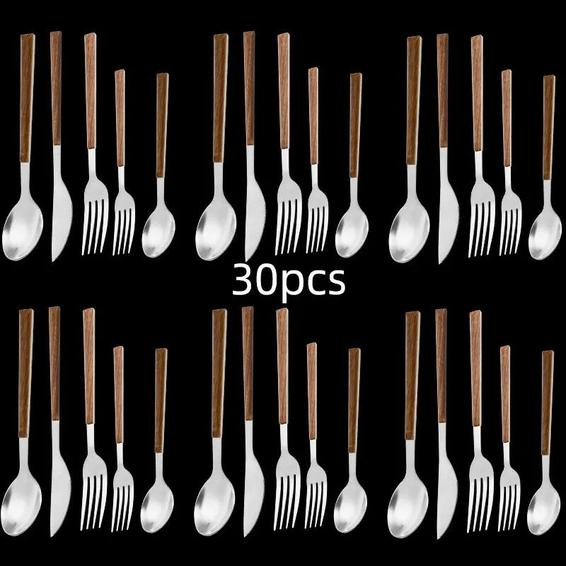 stainless steel cutlery, modern kitchenware, corrosion-resistant silverware, wood handle cutlery, dinnerware set, cutlery for six, hand wash utensils, gift idea kitchen, table setting accessories, elegant dining set