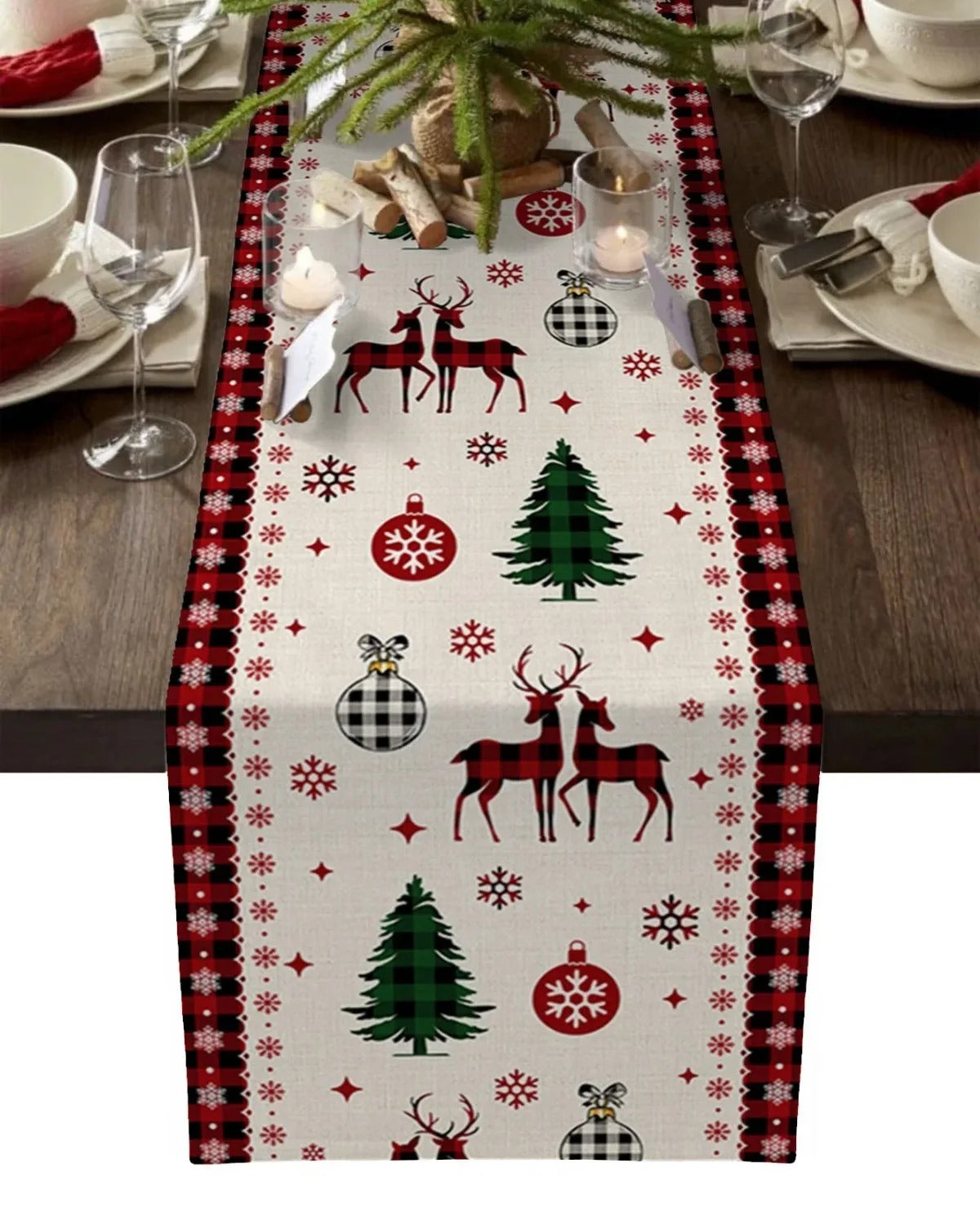 Christmas table runner, holiday table decor, festive linen runner, Christmas tree print, reusable holiday decor, Christmas dining decor, linen table runner, holiday gathering essentials, New Year's table runner, elegant holiday decor