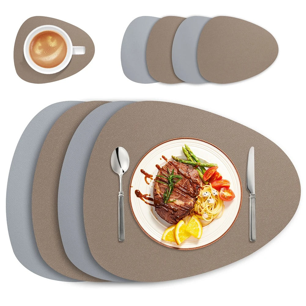 dual-sided placemats, eco-friendly leather placemats, waterproof placemats, heat resistant table mats, modern dining accessories, easy to clean placemats, stylish table decor, non-slip placemats, foldable dining mats, versatile kitchen placemats