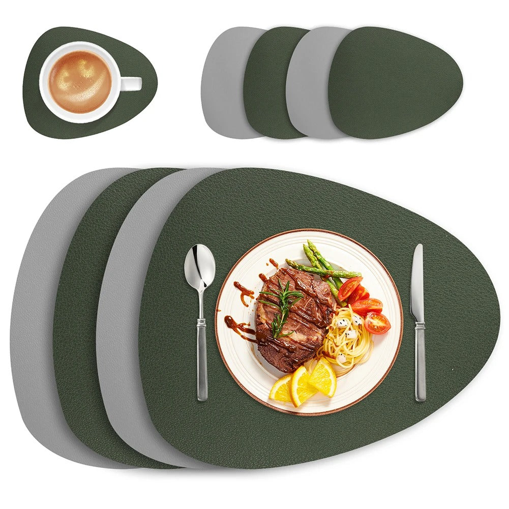 dual-sided placemats, eco-friendly leather placemats, waterproof placemats, heat resistant table mats, modern dining accessories, easy to clean placemats, stylish table decor, non-slip placemats, foldable dining mats, versatile kitchen placemats