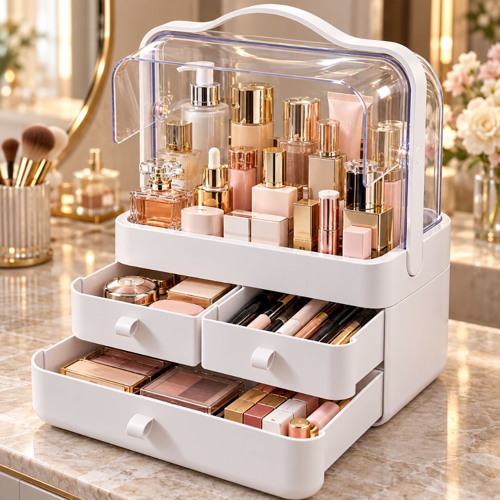 Makeup Organiser with Clear Dust Cover and Three Drawers