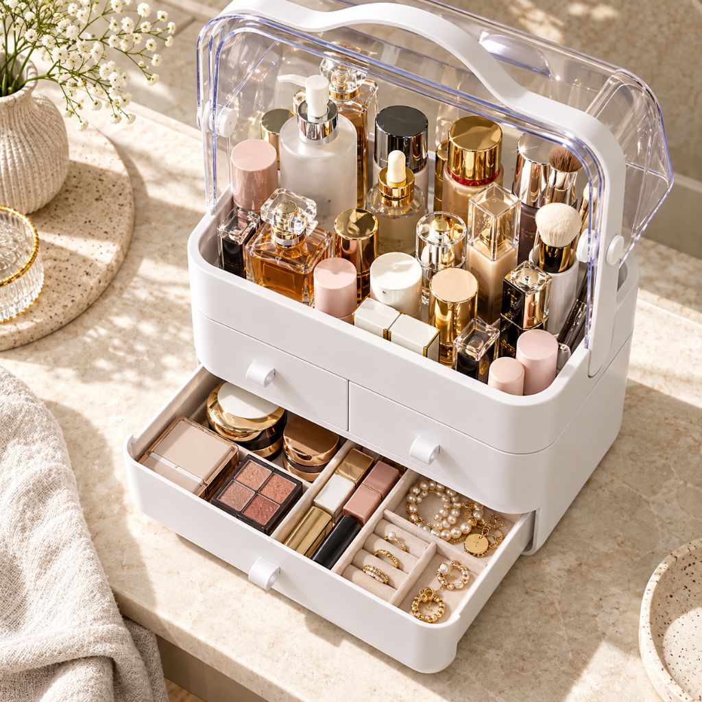 Makeup Organiser with Clear Dust Cover and Three Drawers