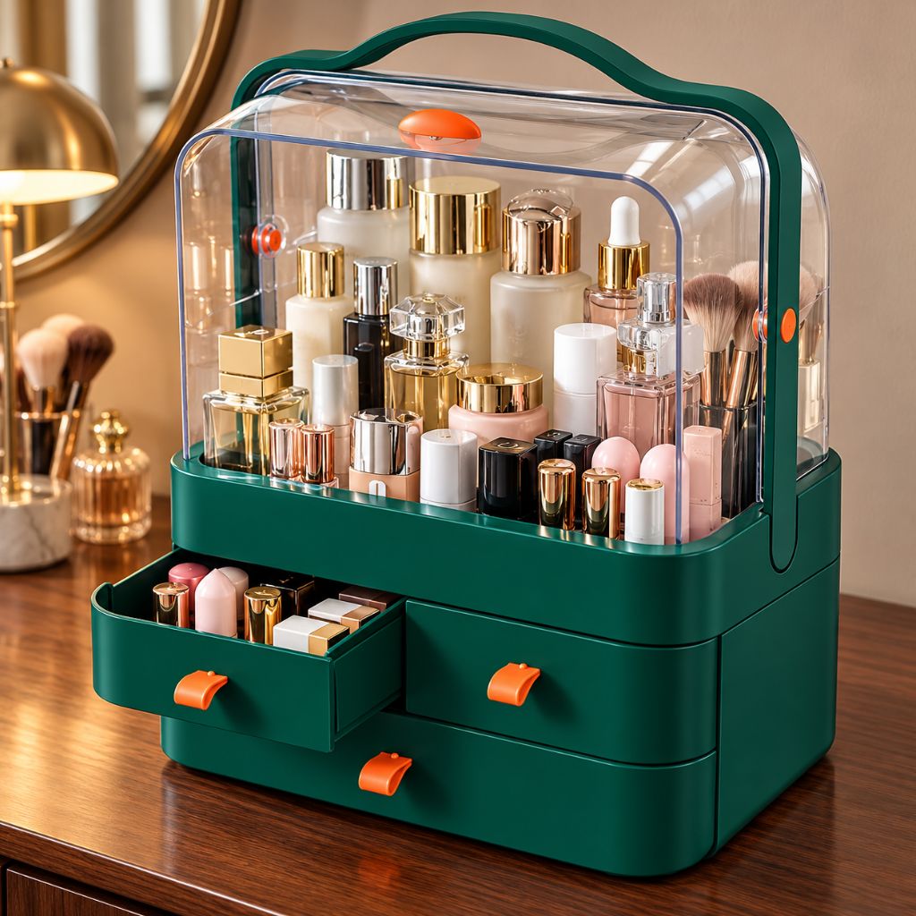 Makeup Organiser with Clear Dust Cover and Three Drawers