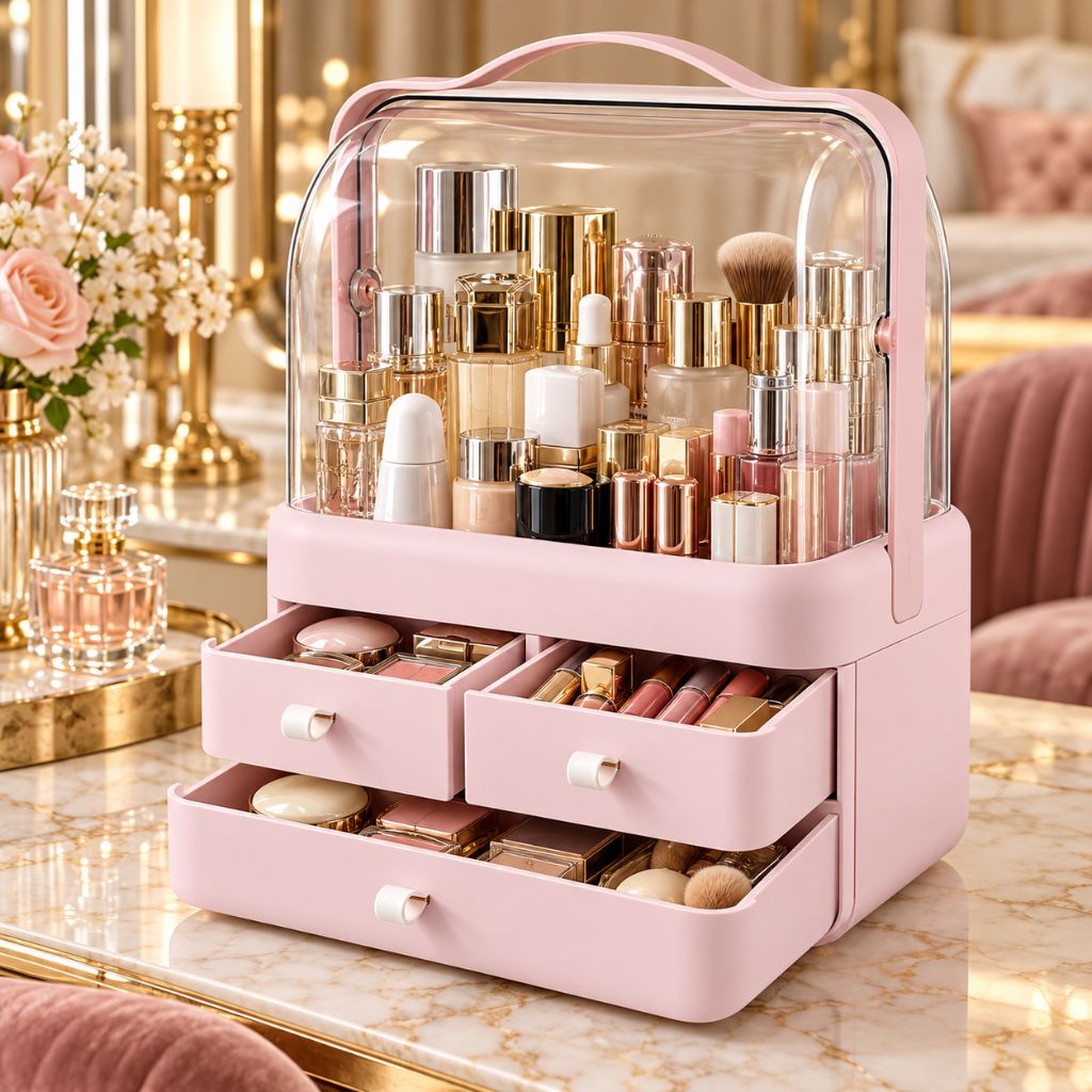 Makeup Organiser with Clear Dust Cover and Three Drawers