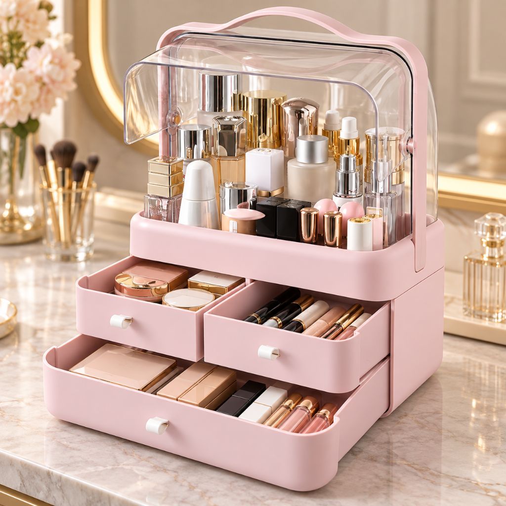 Makeup Organiser with Clear Dust Cover and Three Drawers