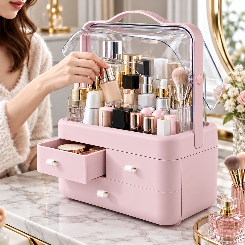 Makeup Organiser with Clear Dust Cover and Three Drawers