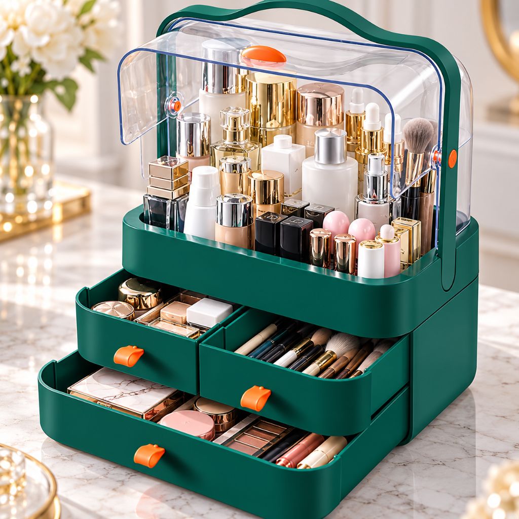 Makeup Organiser with Clear Dust Cover and Three Drawers