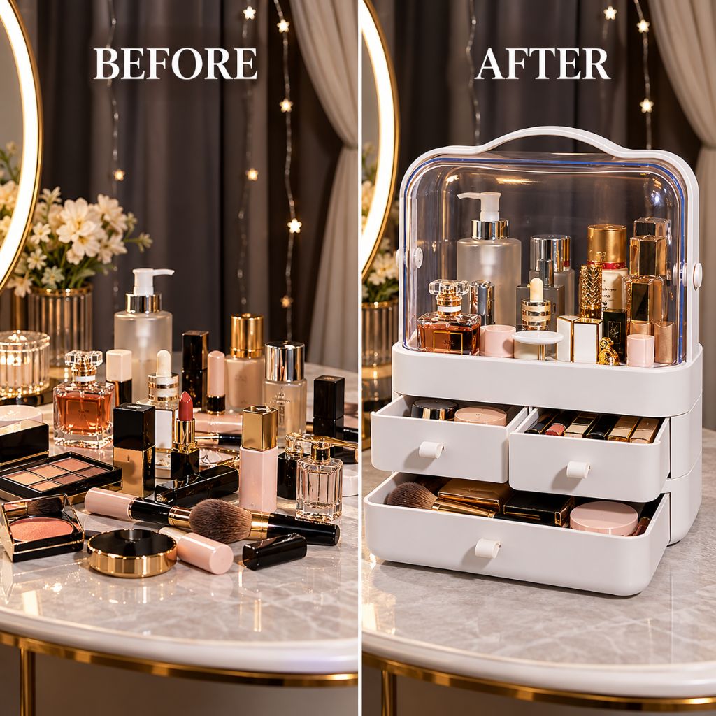 Makeup Organiser with Clear Dust Cover and Three Drawers