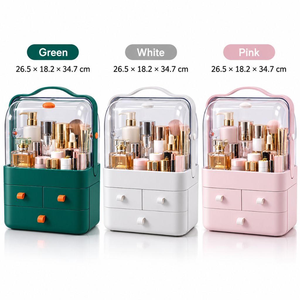 Makeup Organiser with Clear Dust Cover and Three Drawers