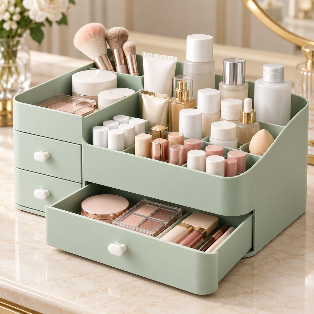 Makeup Organiser with Three Drawers and Open Compartments