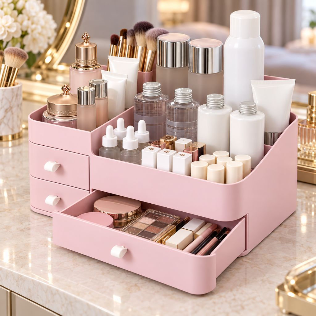 Makeup Organiser with Three Drawers and Open Compartments