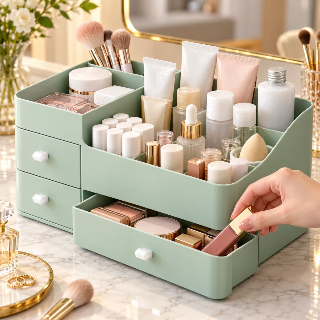 Makeup Organiser with Three Drawers and Open Compartments