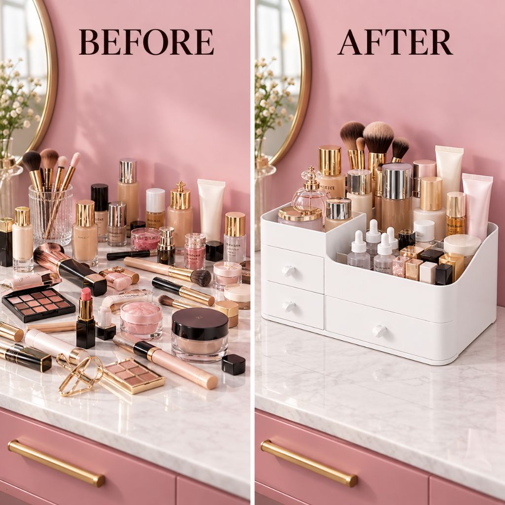 Makeup Organiser with Three Drawers and Open Compartments