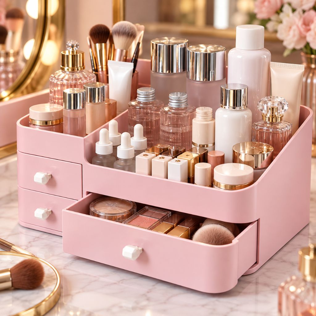 Makeup Organiser with Three Drawers and Open Compartments