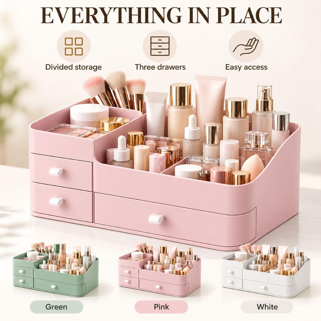 Makeup Organiser with Three Drawers and Open Compartments