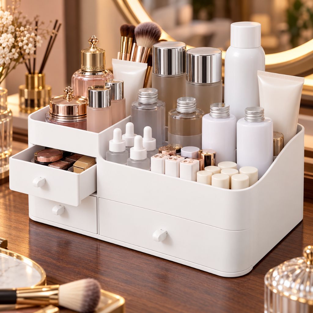 Makeup Organiser with Three Drawers and Open Compartments