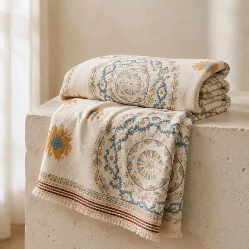 Mandala Cotton Throw Blanket folded in a premium hero display