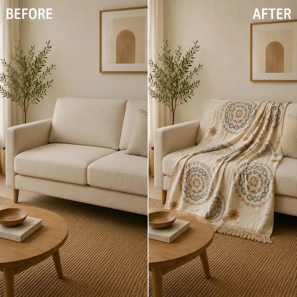Mandala Cotton Throw Blanket before and after living room styling